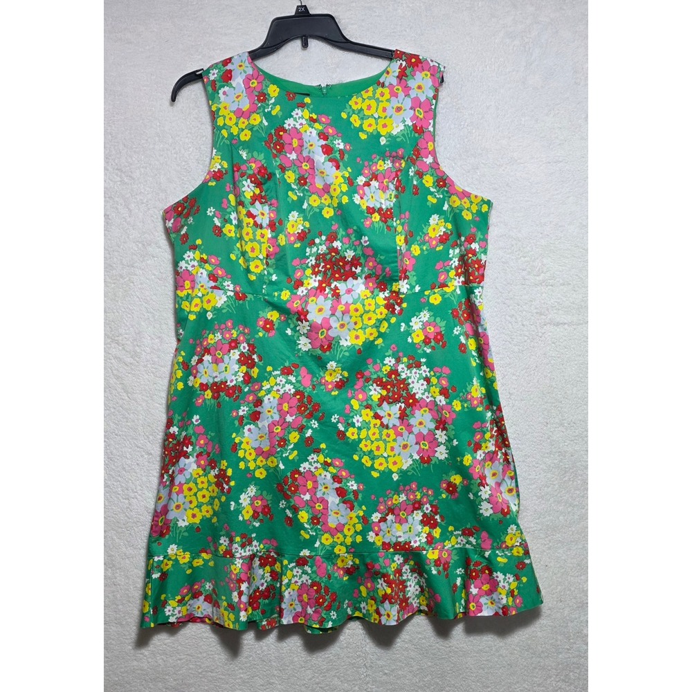 Talbots Woman Green Floral Ruffle Hem Sleeveless Shift Dress 20W Cotton Spandex